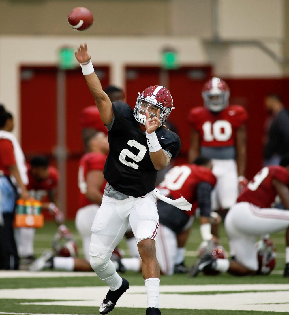 Alabama quarterback Jalen Hurts throws a pass during practice. (Robert Sutton/UA Athletics)