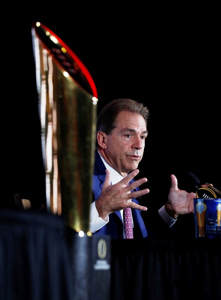 Nick Saban speaks at a press conference for the College Football Playoff. (UA Athletics)