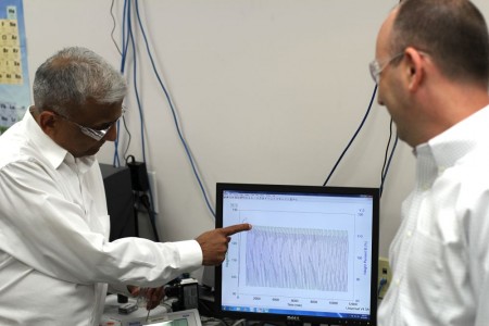 Dr. Gangwal and Tim Hansen review cycle testing results for SR’s proprietary sorbent for use in their novel energy storage system. 
