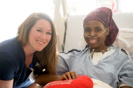 Shelby Bryant, left, registered nurse in CICU, with Michelle. Shelby was Michelle's primary nurse throughout her stay at UAB. (UAB Media)