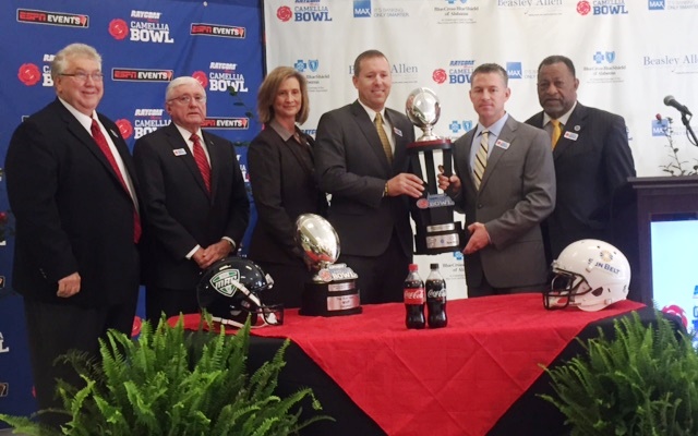 Camellia Bowl Executive Director Johnny Williams, Montgomery City Council President Charles Jinright, Raycom Media Executive Vice President of Content and Operations Susana Schuler, Appalachian State head football coach Scott Satterfield, Toledo head football coach Jason Candle and Montgomery County Commissioner Chairman Elton Dean. (contributed)