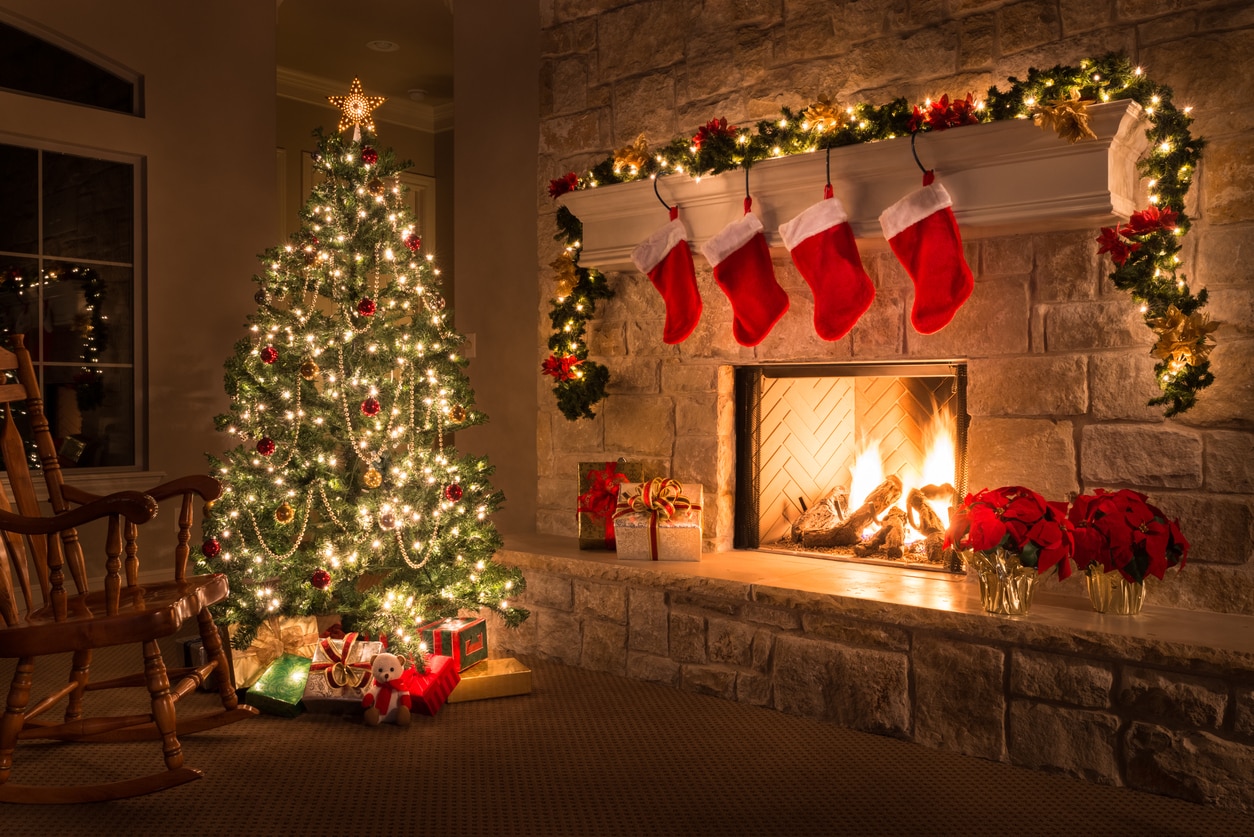 Christmas Glowing Fireplace Hearth Tree Red Stockings Gifts