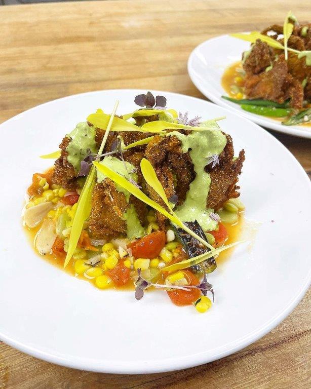 Softshell Carb with Succotash and Green Garlic Aioli A green garlic aioli tops the Softshell Crab with Succotash at The Anvil. (contributed)