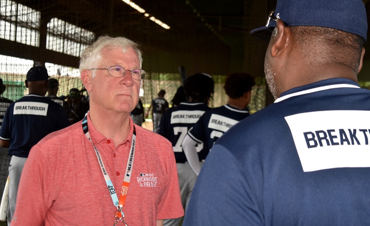 Gerald Watkins, chair of the Friends of Rickwood, at the Breakthrough Series practice at Rickwood Field. (Solomon Crenshaw Jr. / Alabama News Center)