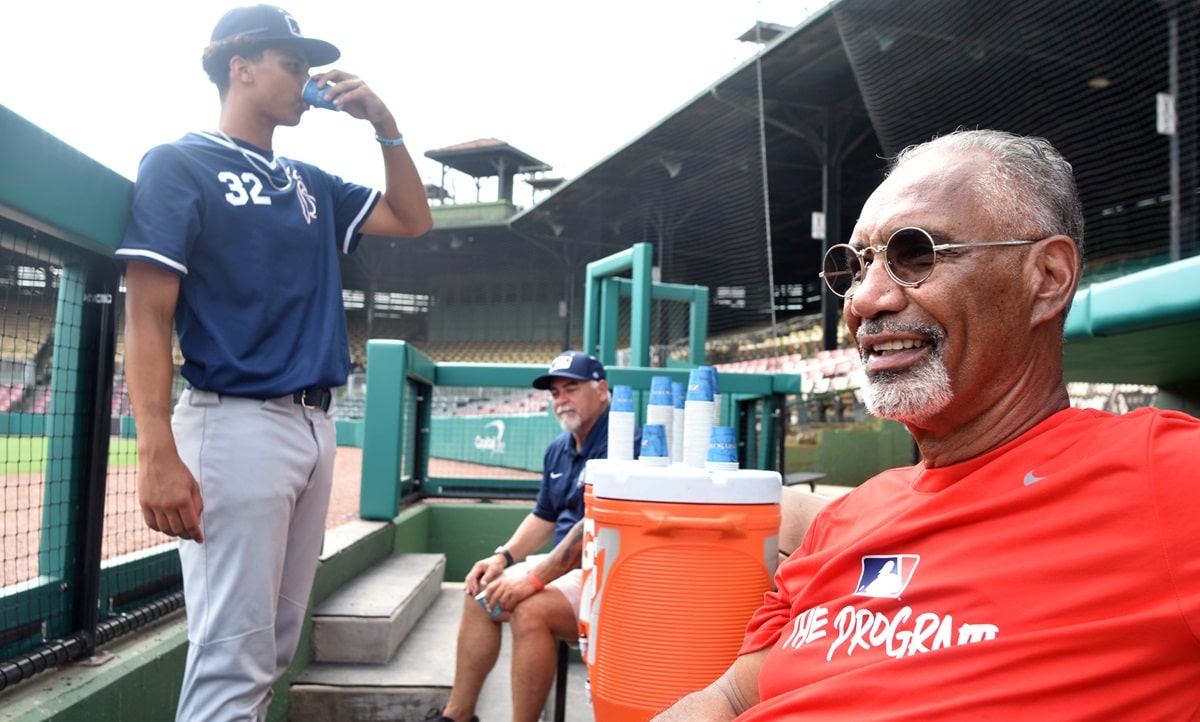 Jerry Manuel takes a break in a dugout at Rickwood Field. (Solomon Crenshaw Jr. / Alabama News Center)